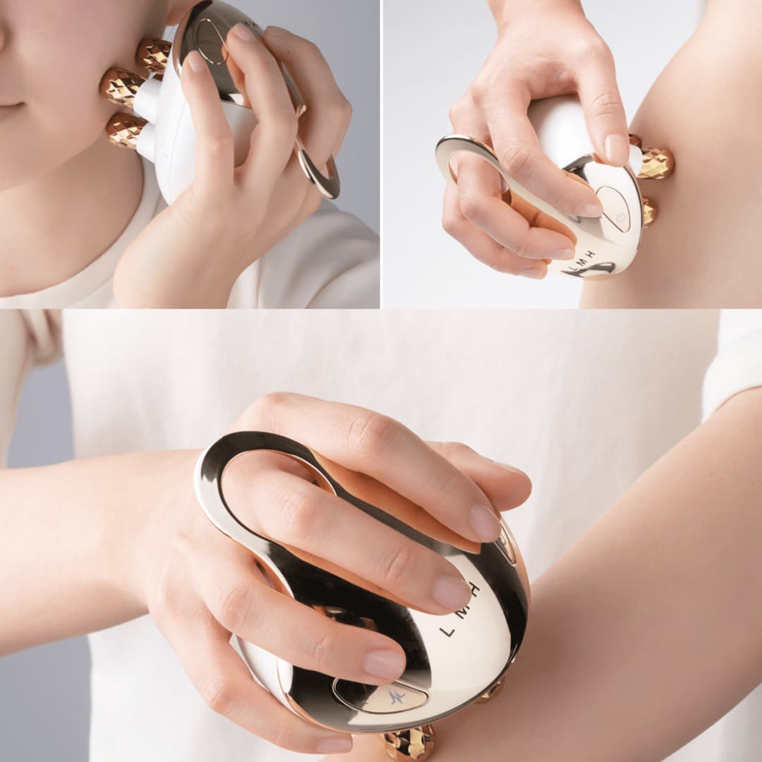 FourRolling: V-Face Lifting Skincare Device in use on model's face and forearm