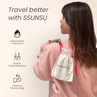 Model carrying Ssunsu's Stay Healthy and Glowy Travel Kit over her shoulder, with the kit's benefits overlaid on the left