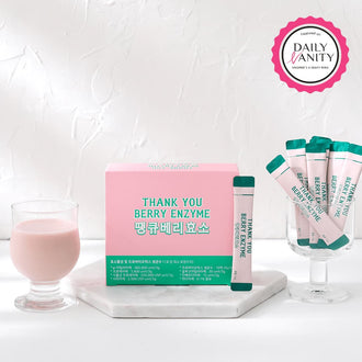 Ssunsu's Thank You Berry Enzyme & Probiotics in its box, sachet, and mixed into a glass of yoghurt, all on a white table